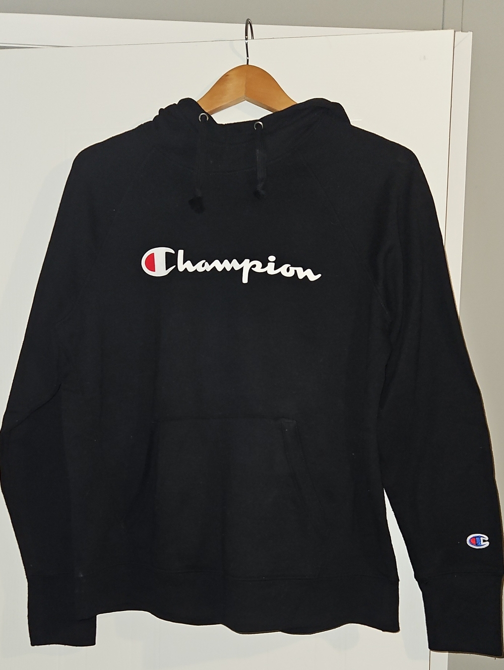 Champion Womans Black Pocket Hoodie with Script Logo